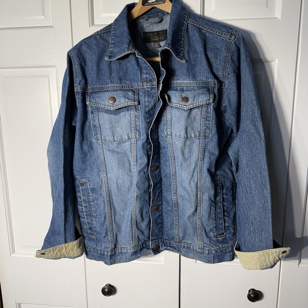 Y2K Urban Up Denim Jacket Tan Corduroy Cuffs Snaps Distressed Trucker Mens XL